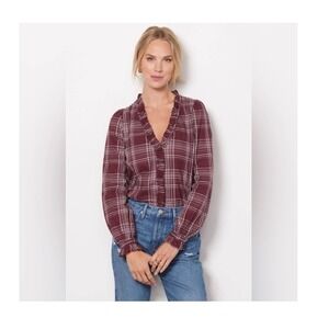 Evereve Ruffle Plaid Button Down Long Sleeve Blouse Top